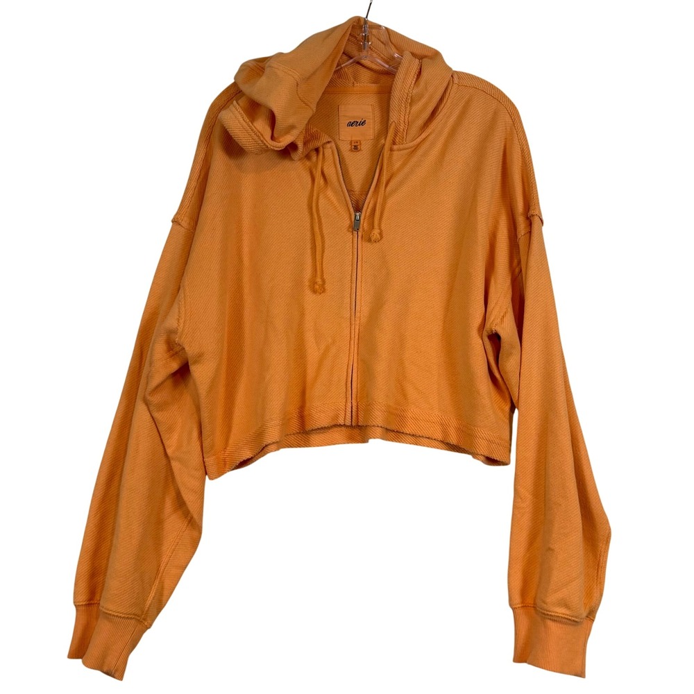 Aerie Orange Cropped Full Zip Hoodie Waffle Knit Oversized •L• Y2K Layer Beachy‎